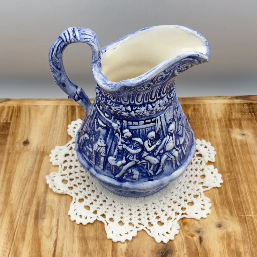 Vintage Blue and White Ceramic Relief Pitcher Tavern Scene Farmhouse Decor